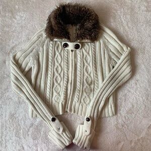 Cream Cable Knit Sweater with Faux Fur Collar